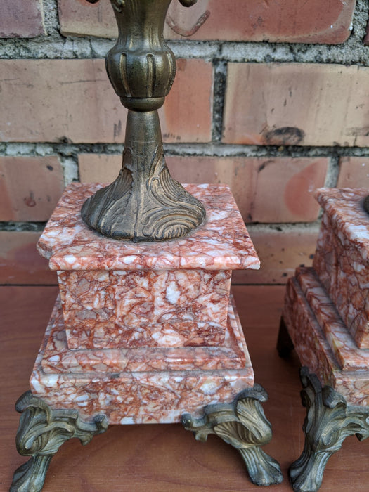 PAIR OF SPELTER AND MARBLE CASTELETTES