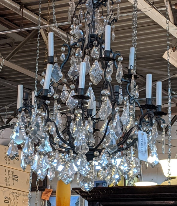 BLACK IRON CHANDELIER WITH CRYSTAL PRISMS
