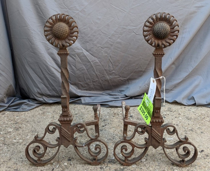 WROUGHT IRON TWIST ANDIRONS WITH SUNFLOWER TOPS