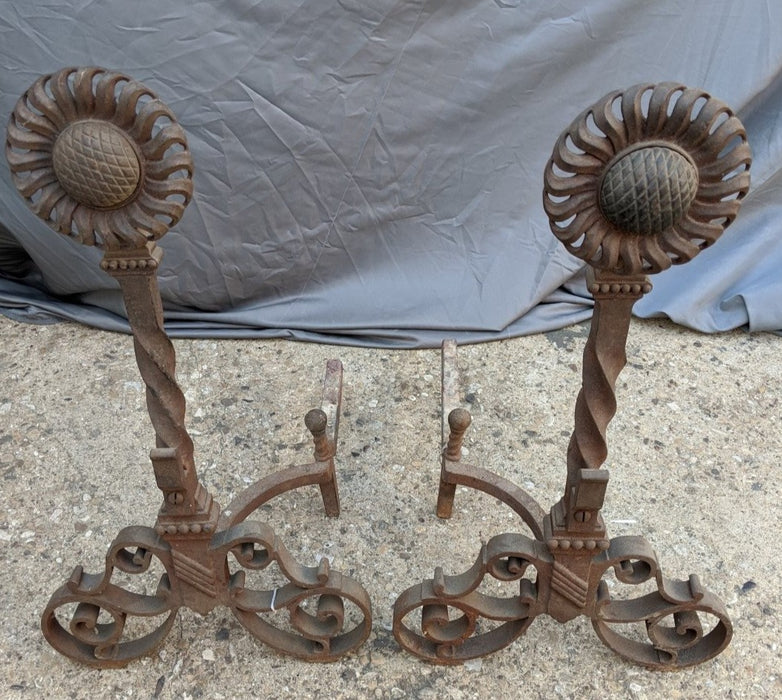 WROUGHT IRON TWIST ANDIRONS WITH SUNFLOWER TOPS