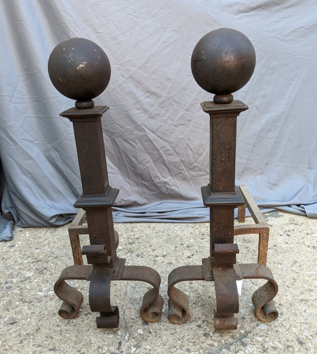 PAIR OF BLACK WROUGHT IRON  ANDIRONS WITH CANNONBALL TOPS