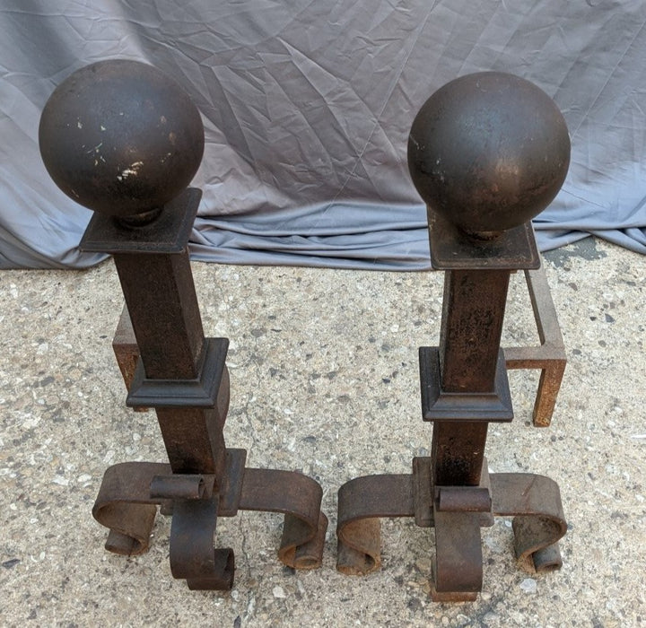 PAIR OF BLACK WROUGHT IRON  ANDIRONS WITH CANNONBALL TOPS