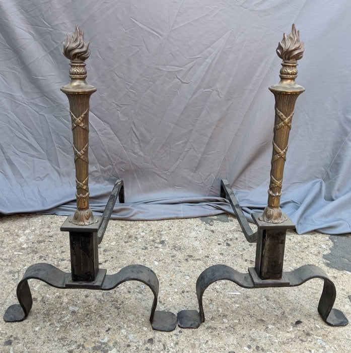 PAIR OF WROUGHT IRON AND BRASS TORCHIERE FINIAL TOP IRON ANDIRONS