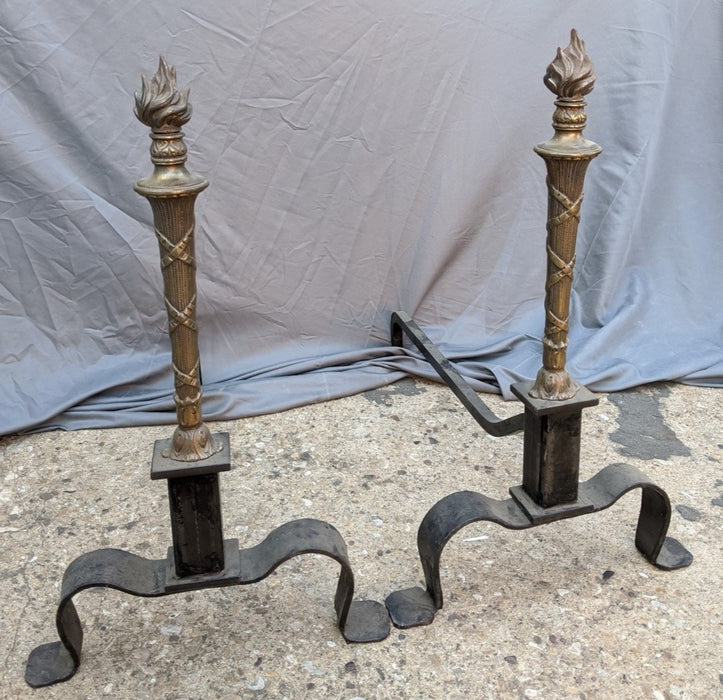 PAIR OF WROUGHT IRON AND BRASS TORCHIERE FINIAL TOP IRON ANDIRONS