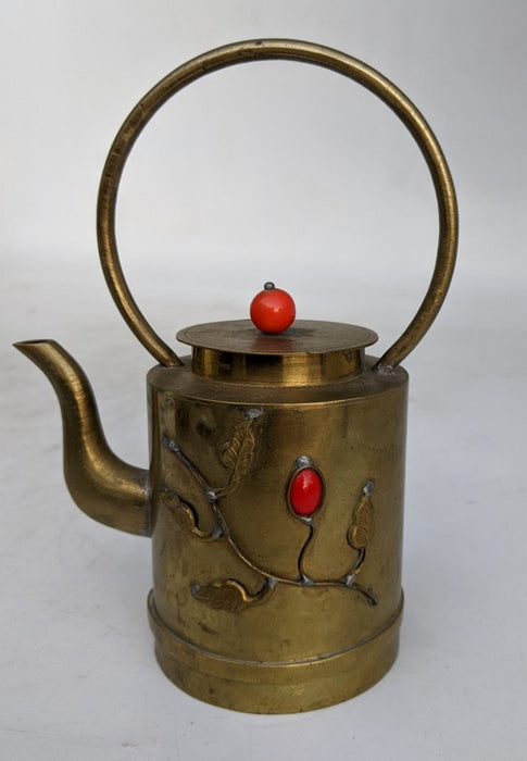 SMALL CHINESE BRASS TEAPOT WITH VINES AND BERRIES