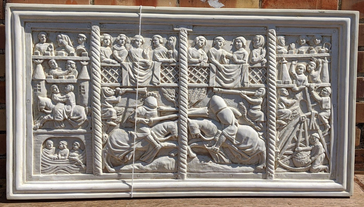 PLASTER PLAQUE OF MEDIEVAL JOUST SCENE WITH RELIEF