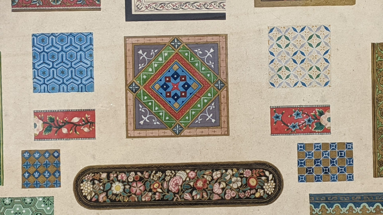 WATERCOLOR PAINTING OF COLLAGE OF TEXTILE SAMPLES BY WILLIAM HENRY MILNES