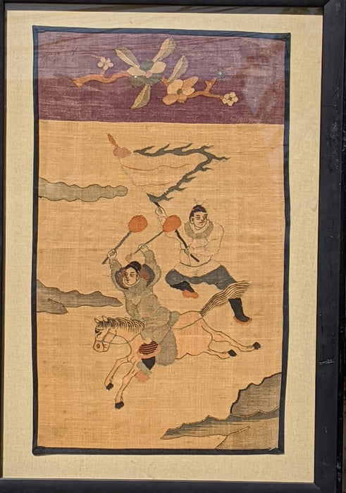 PAIR OF CHINESE FRAMED WARRIOR TEXTILES