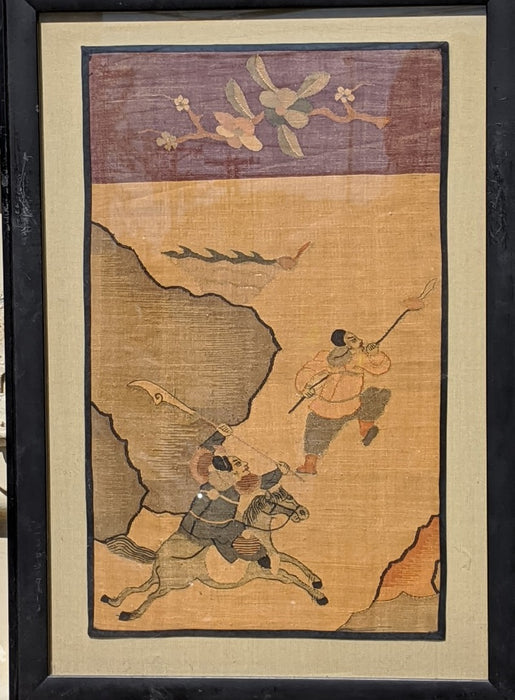 PAIR OF CHINESE FRAMED WARRIOR TEXTILES