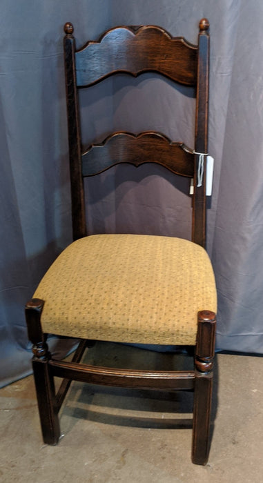 PAIR OF DARK OAK LADDER BACK UPHOLSTERED SEAT CHAIRS