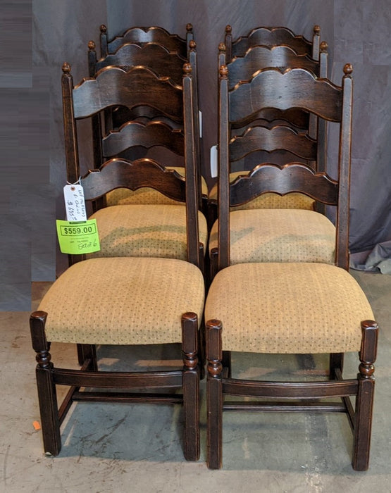 PAIR OF DARK OAK LADDER BACK UPHOLSTERED SEAT CHAIRS