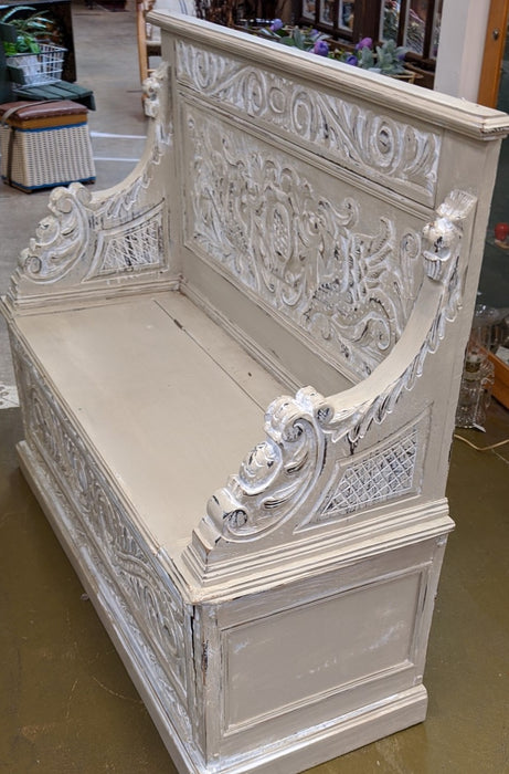 GRIFFIN CARVED ENGLISH BENCH WITH STORAGE