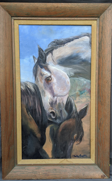 VERTICAL OIL PAINTING OF HORSE BUDDIES BY CYNTHIA HAMPTON
