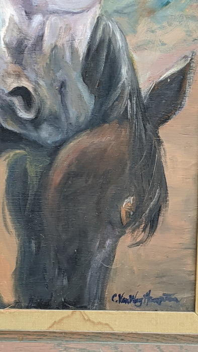 VERTICAL OIL PAINTING OF HORSE BUDDIES BY CYNTHIA HAMPTON