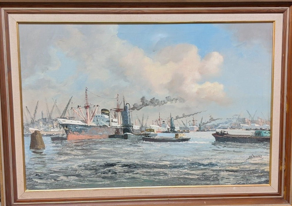 LARGE INDUSTRIAL HARBOR SCENE OIL PAINTING BY J. H. PETERS