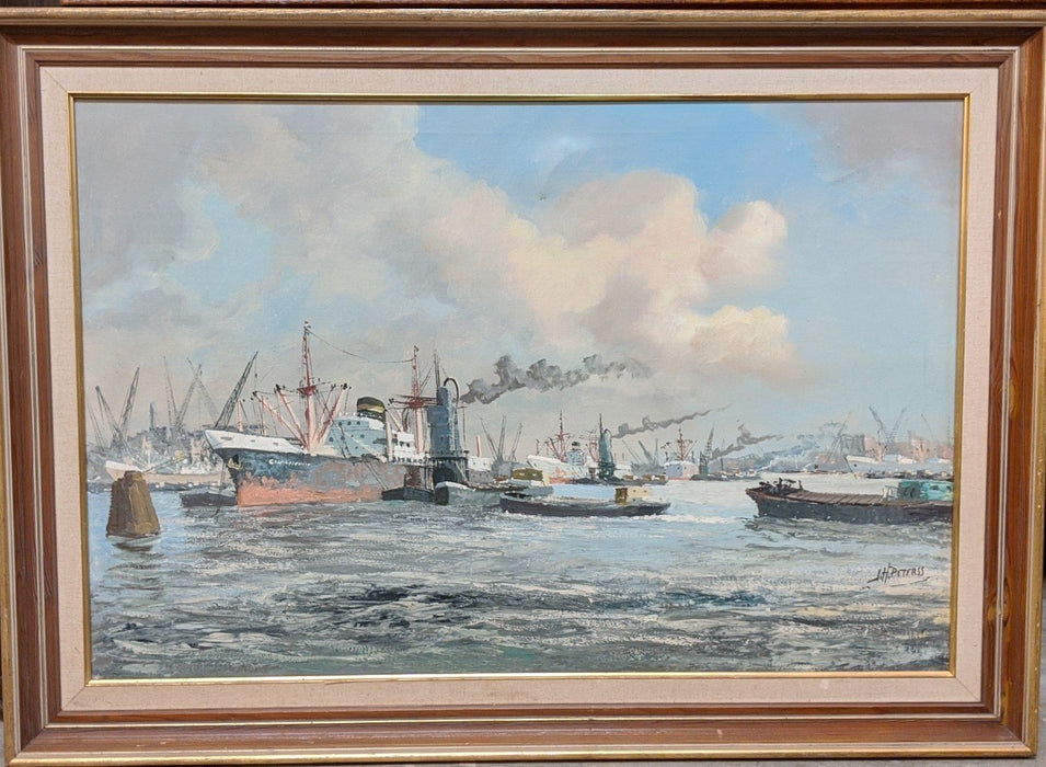 LARGE INDUSTRIAL HARBOR SCENE OIL PAINTING BY J. H. PETERS