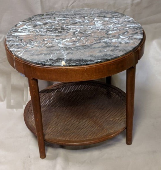 ROUND MARBLE TOP TABLE WITH LOWER CANED SHELF-AS IS PROJECT