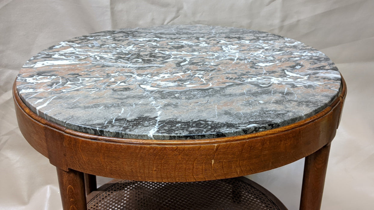 ROUND MARBLE TOP TABLE WITH LOWER CANED SHELF-AS IS PROJECT