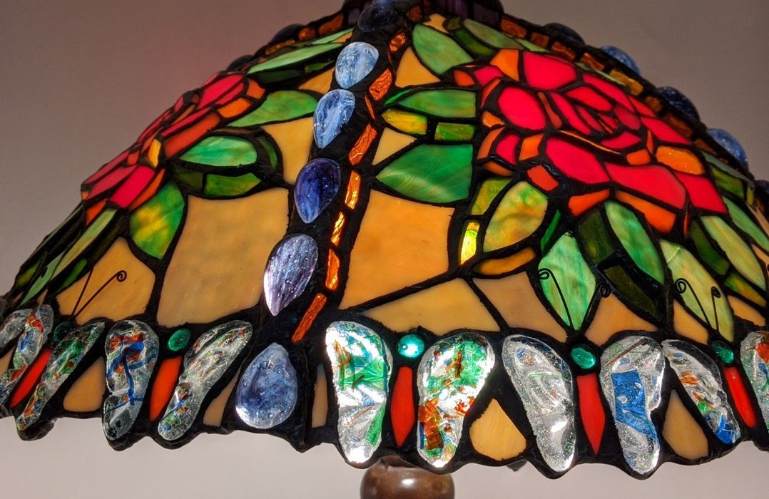 BUTTERFLY AND ROSE STAINED GLASS LAMP