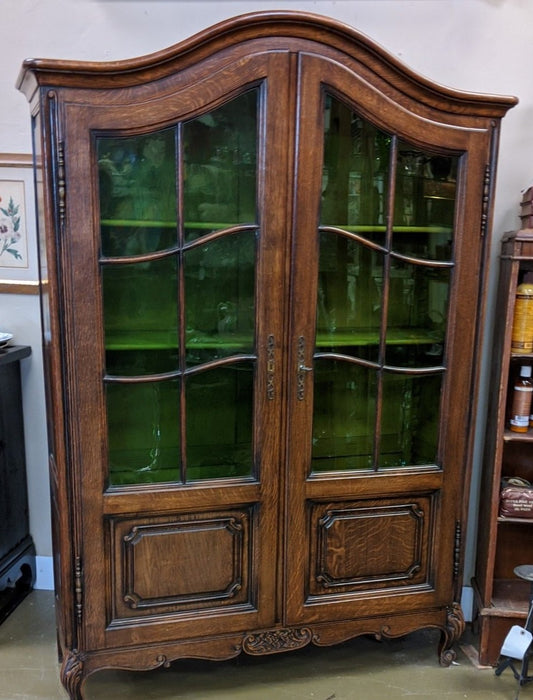 COUNTRY FRENCH OAK  CHINA/BOOKCASE WITH GREEN GLASS