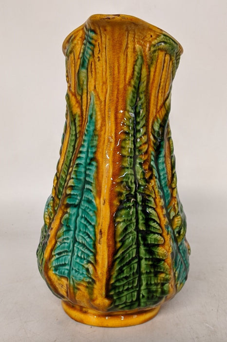 LARGE GOLD MAJOLICA PITCHER WITH FERNS