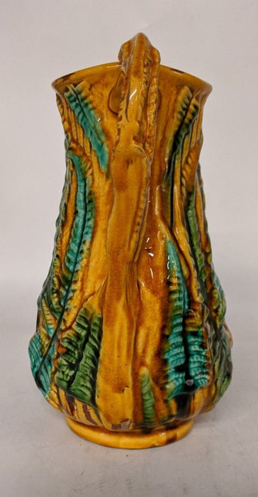 LARGE GOLD MAJOLICA PITCHER WITH FERNS