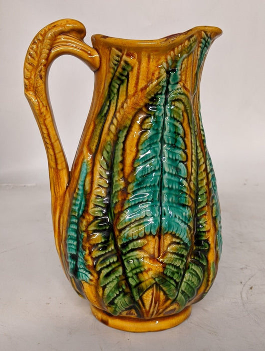 LARGE GOLD MAJOLICA PITCHER WITH FERNS