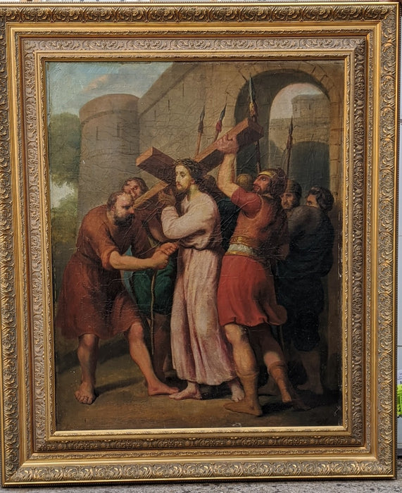 LARGE FRAMED 19TH CENTURY OIL PAINTING OF JESUS WITH THE CROSS