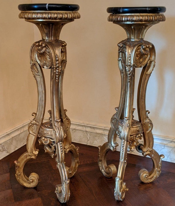 ANTIQUE GILT PEDESTALS WITH NEWER MARBLE TOPS