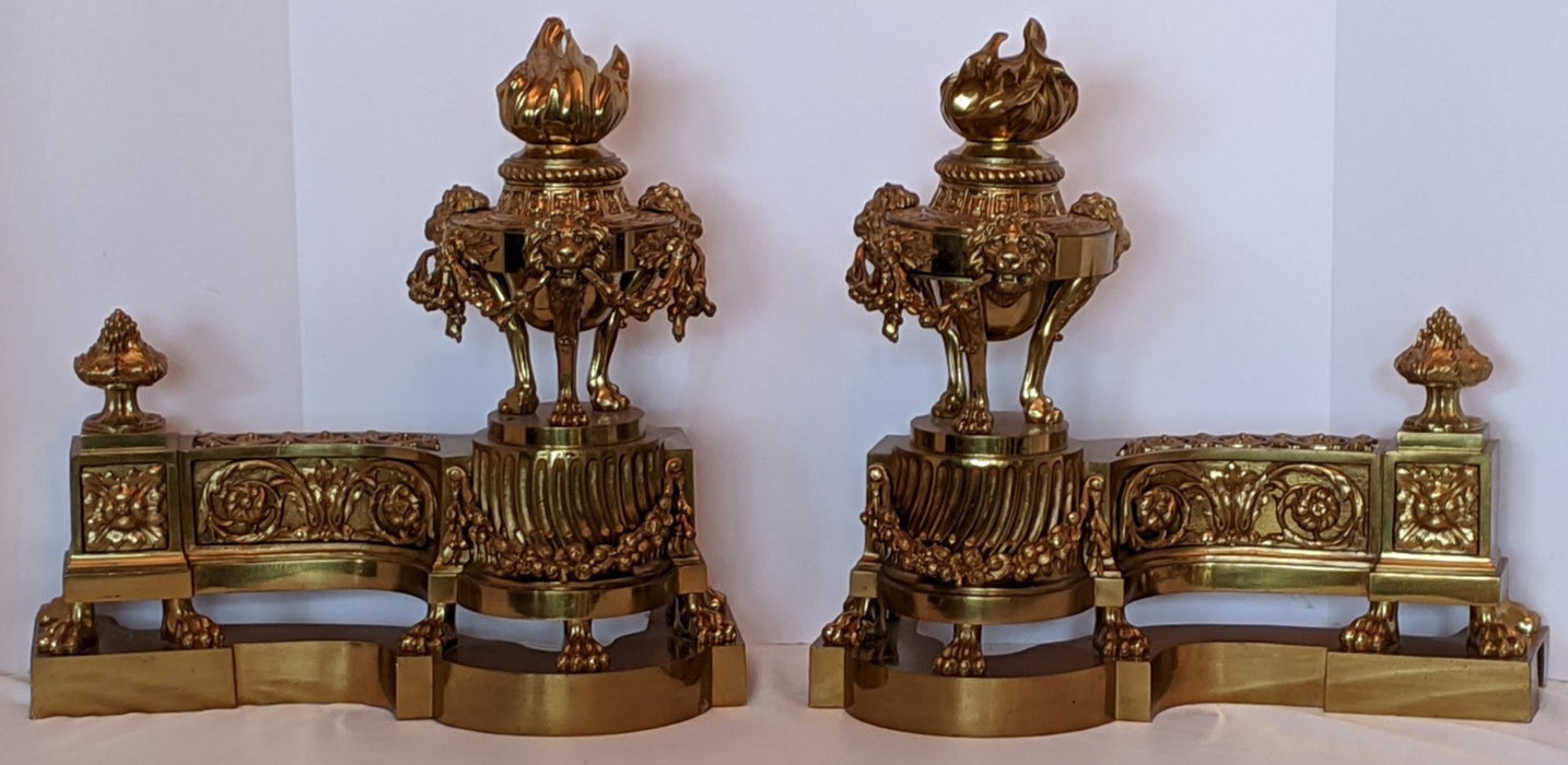 FRENCH BRASS TORCHIERE AND LION CHENETS