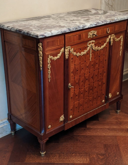 MARBLE TOP LOUIS XVI MARBLE TOP SERVER WITH ORMOLU AND PARQUETRY DOORS