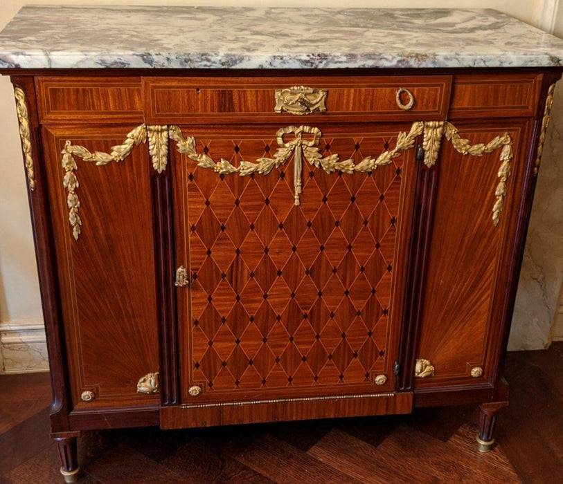 MARBLE TOP LOUIS XVI MARBLE TOP SERVER WITH ORMOLU AND PARQUETRY DOORS