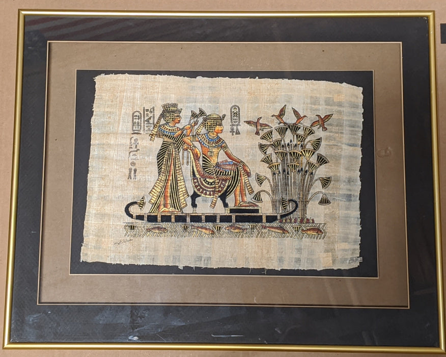EGYPTIAN PHARAOH AND SERVANT PRINT ON PAPYRUS FRAMED IN GLASS