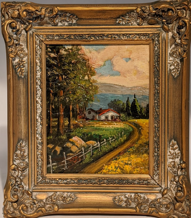 SMALL ORNATELY FRAMED OIL PAINTING OF RED ROOF HOUSE WITH FENCE AND TREES