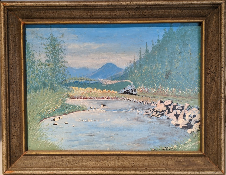 FRAMED OIL PAINTING OF TRAIN BY A RIVER BY J. G. MC. ELHEY