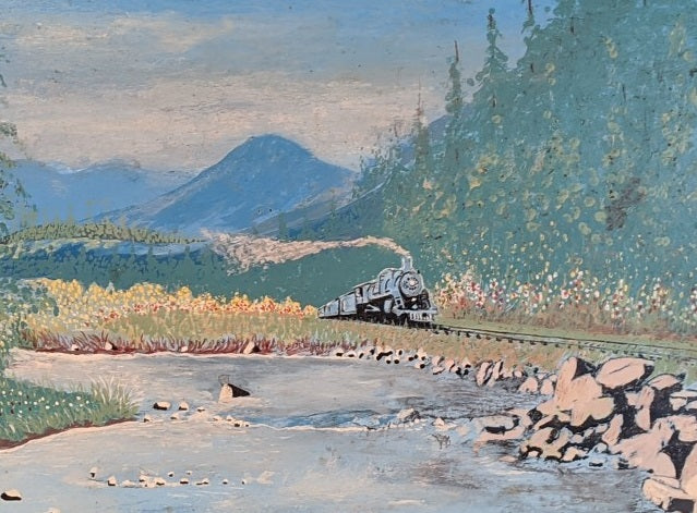 FRAMED OIL PAINTING OF TRAIN BY A RIVER BY J. G. MC. ELHEY