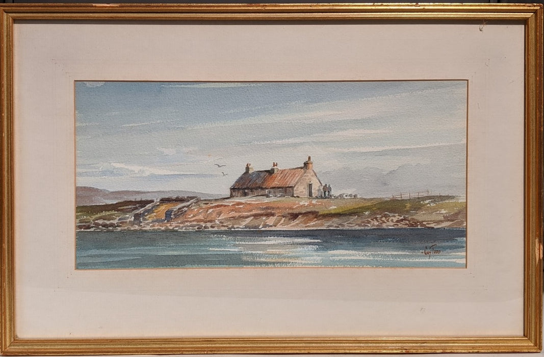 WATER COLOR PAINTING OF HOUSE ALONG A ROCKY COAST BY COY TODD