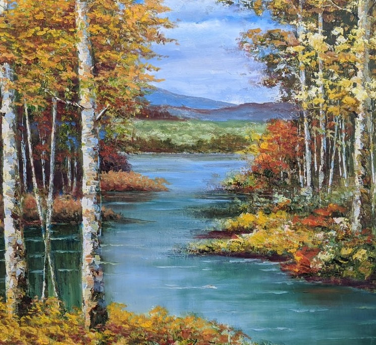 LARGE UNFRAMED OIL PAINTING OF NORTHERN LAKES
