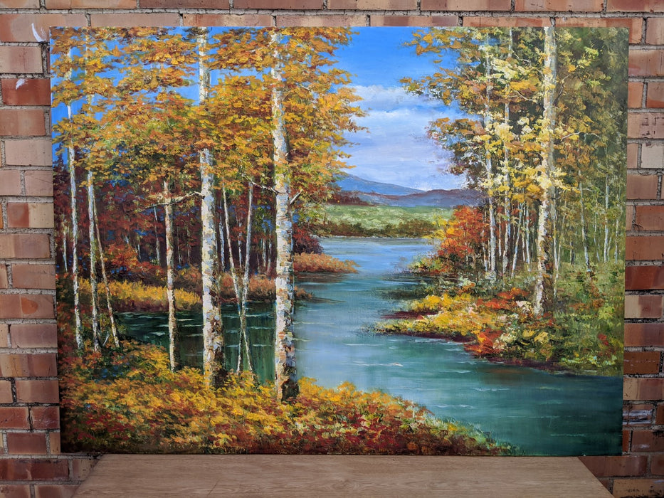 LARGE UNFRAMED OIL PAINTING OF NORTHERN LAKES