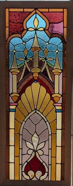 PAIR GOTHIC OAK FRAMED STAINED GLASS WINDOWS