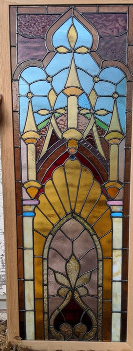 PAIR GOTHIC OAK FRAMED STAINED GLASS WINDOWS
