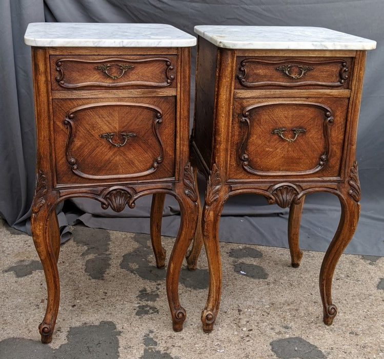 PAIR LARGE LOUIS XV WALNUT MARBLE TOP NIGHT STANDS