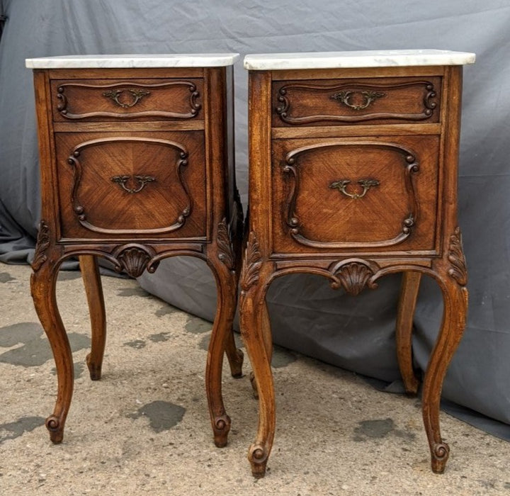PAIR LARGE LOUIS XV WALNUT MARBLE TOP NIGHT STANDS