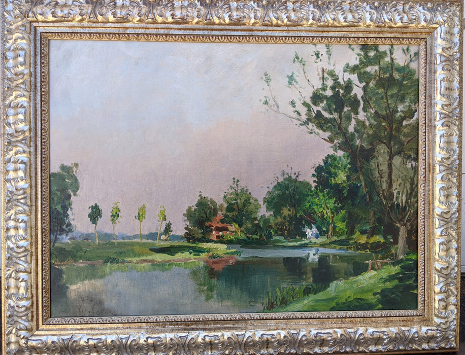 SILVER FRAMED IMPRESSIONIST LANDSCAPE OIL PAINTING WITH POND AND HOUSE