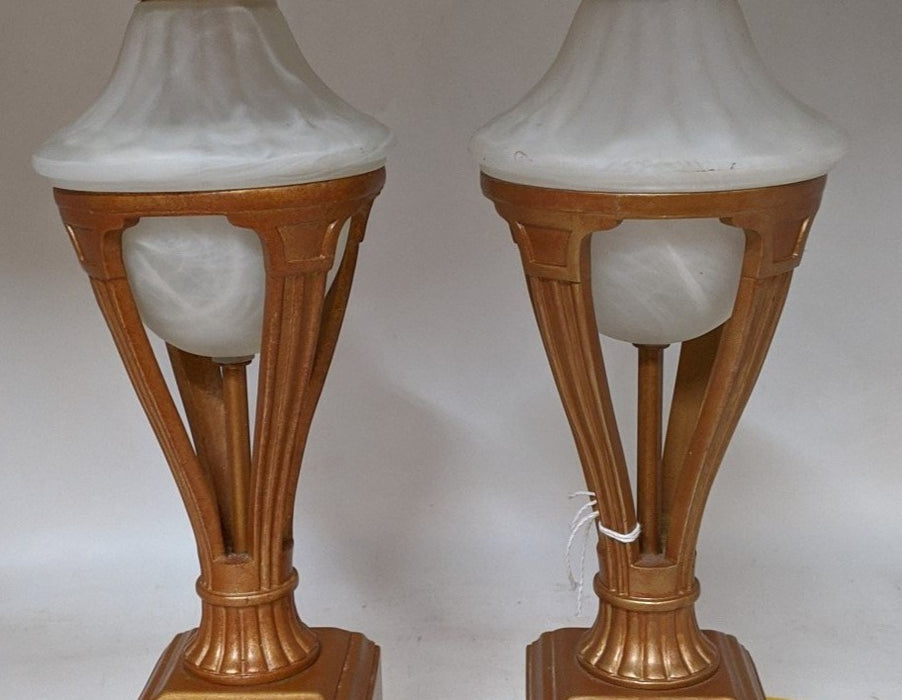 PAIR OF GOLD METAL LAMPS WITH GLASS ORBS