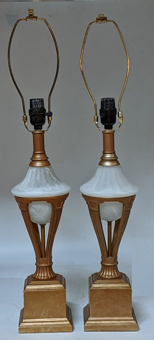 PAIR OF GOLD METAL LAMPS WITH GLASS ORBS