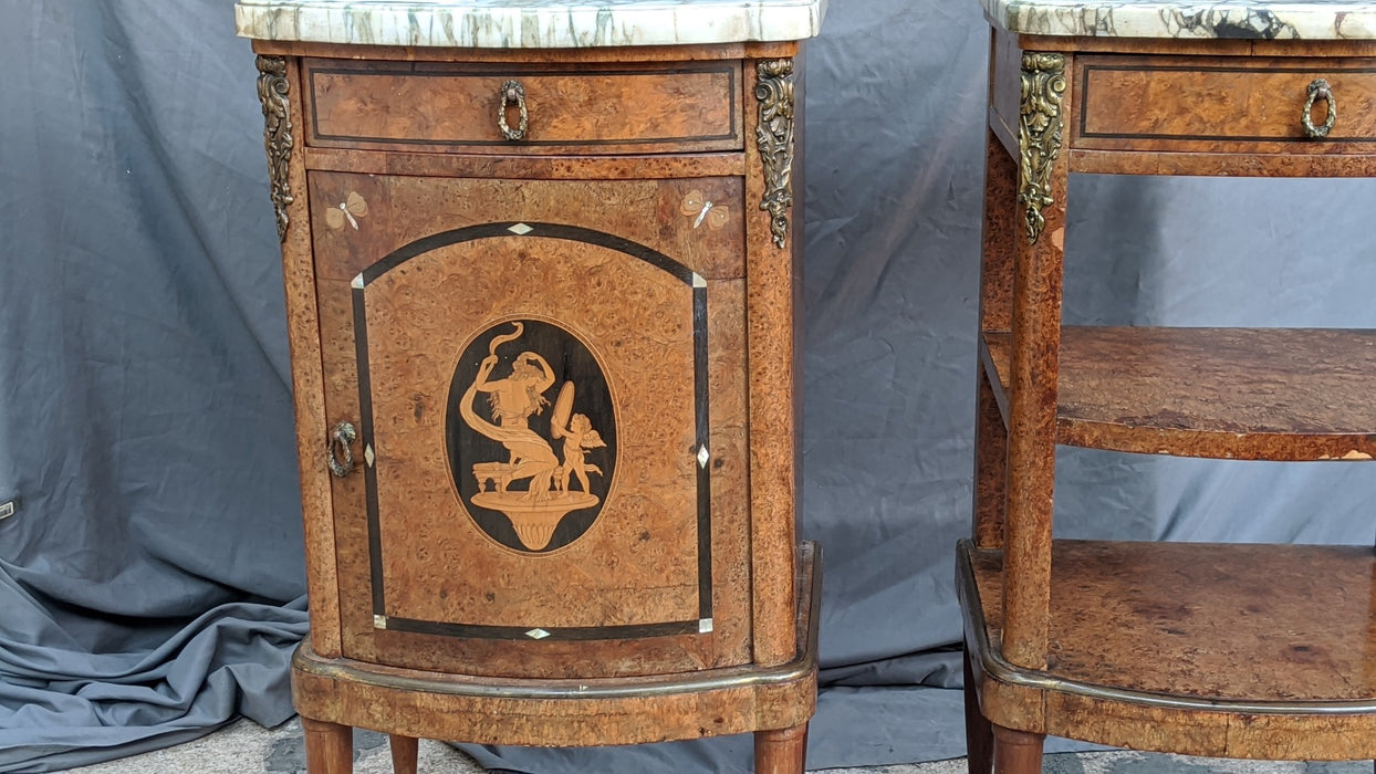 PAIR OF MARBLE TOP FRENCH NIGHT STANDS WITH ORMOLU AND INLAY