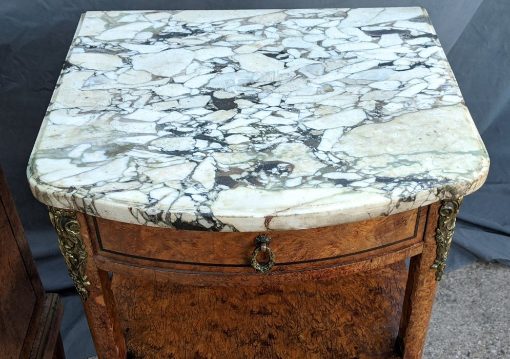 PAIR OF MARBLE TOP FRENCH NIGHT STANDS WITH ORMOLU AND INLAY