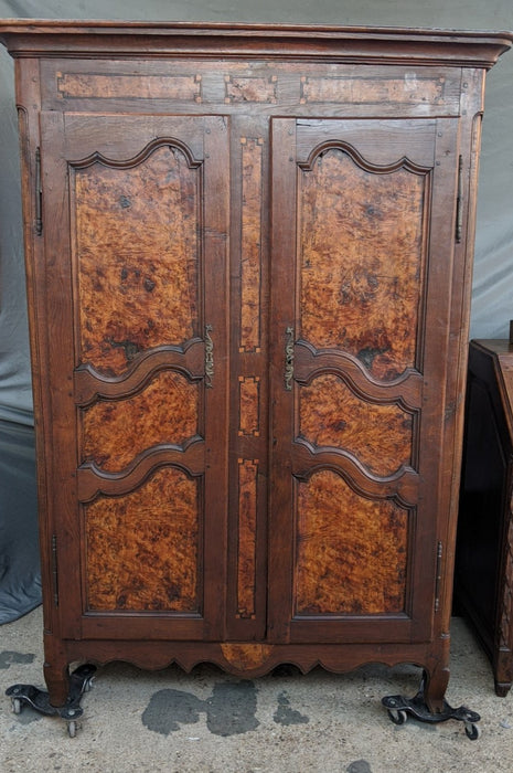 EARLY BRESSON LOUIS XV STYLE ARMOIRE WITH SOLID BURL DOORS