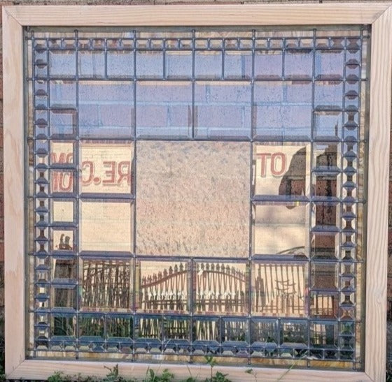 LARGE SQUARE BEVELED AND CARAMEL STAINED GLASS WINDOW